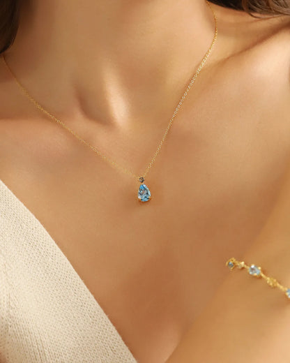 Blue Sapphire & Blue Topaz Pear Cut Pendant Necklace in 18k Gold Vermeil - SJR London Timepiece