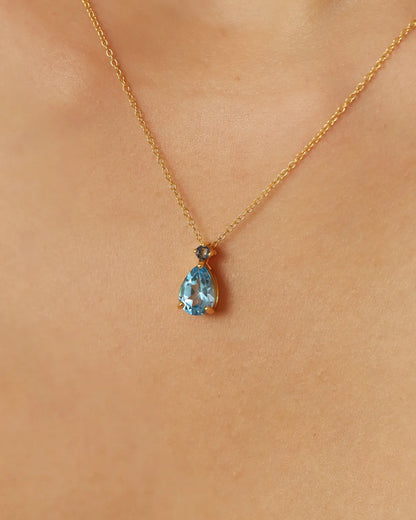 Blue Sapphire & Blue Topaz Pear Cut Pendant Necklace in 18k Gold Vermeil - SJR London Timepiece
