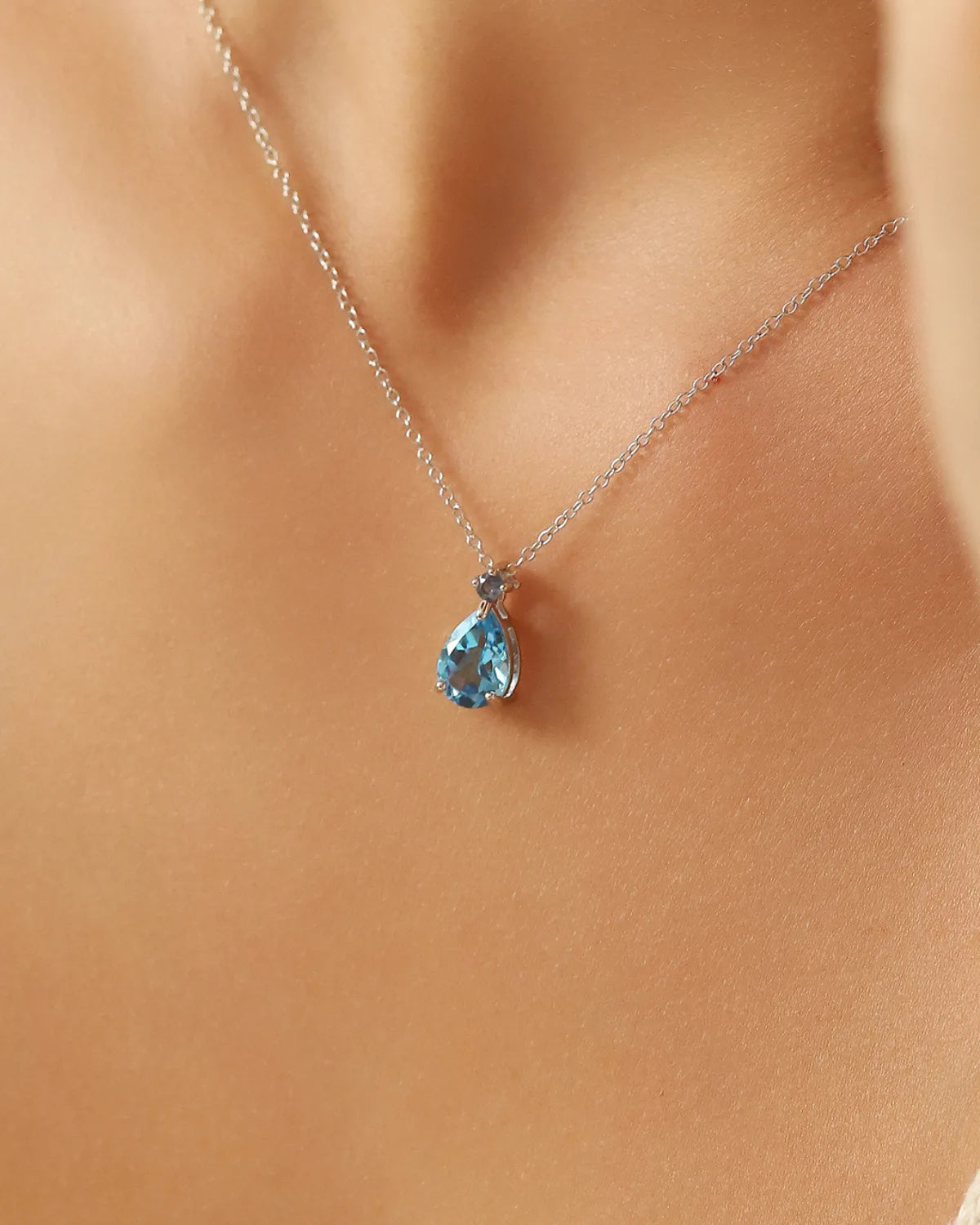 Blue Sapphire & Blue Topaz Pear Cut Pendant Necklace in Sterling Silver - SJR London Timepiece