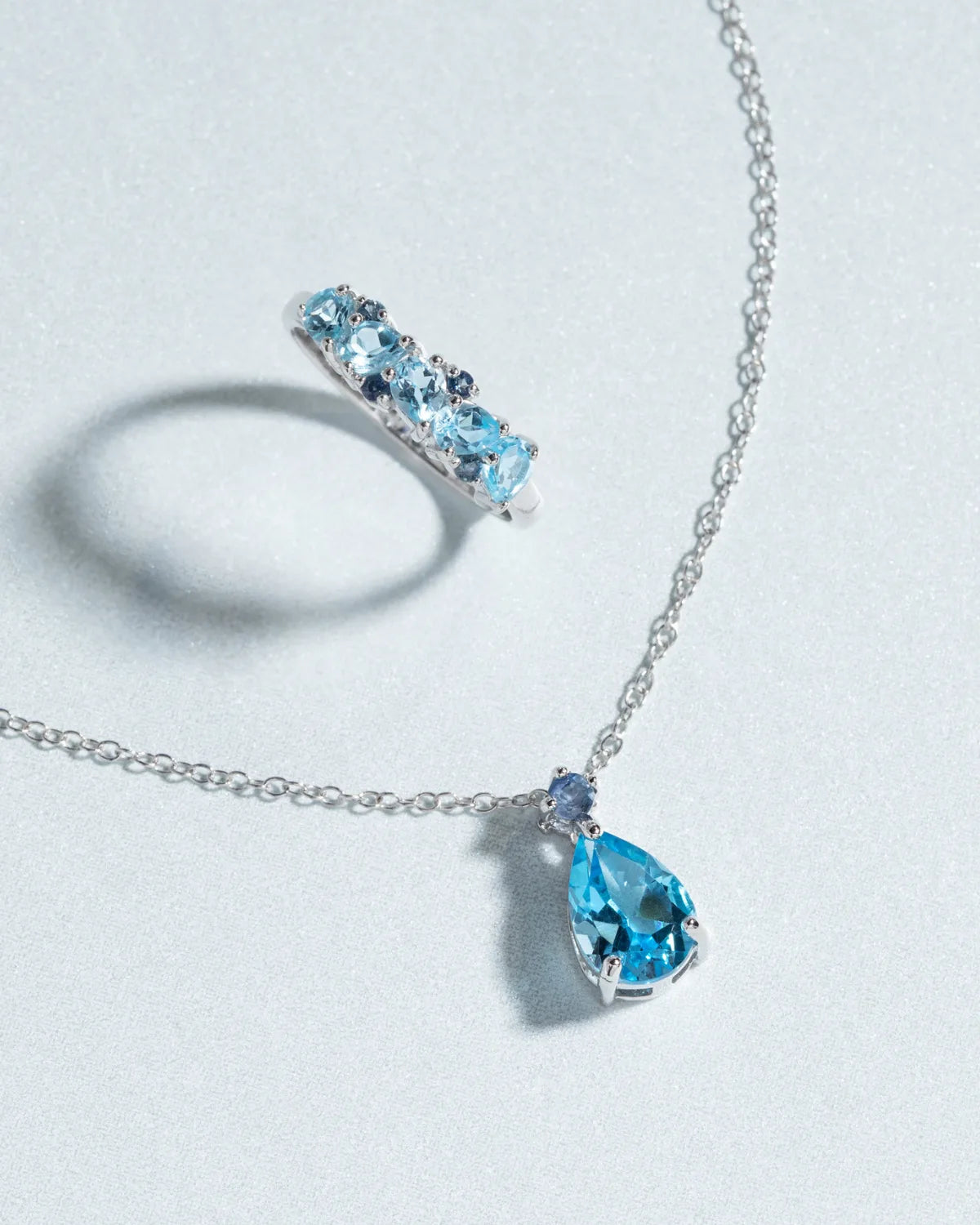 Blue Sapphire & Blue Topaz Pear Cut Pendant Necklace in Sterling Silver - SJR London Timepiece