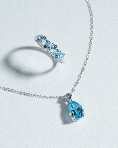 Blue Sapphire & Blue Topaz Pear Cut Pendant Necklace in Sterling Silver - SJR London Timepiece