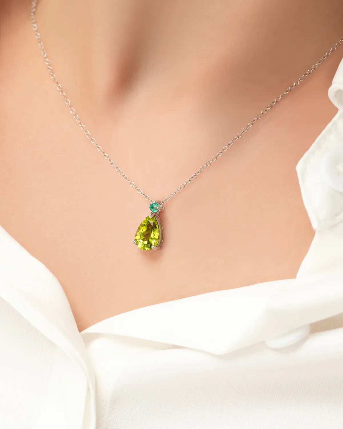 Emerald & Peridot Pear Cut Pendant Necklace in Sterling Silver - SJR London Timepiece