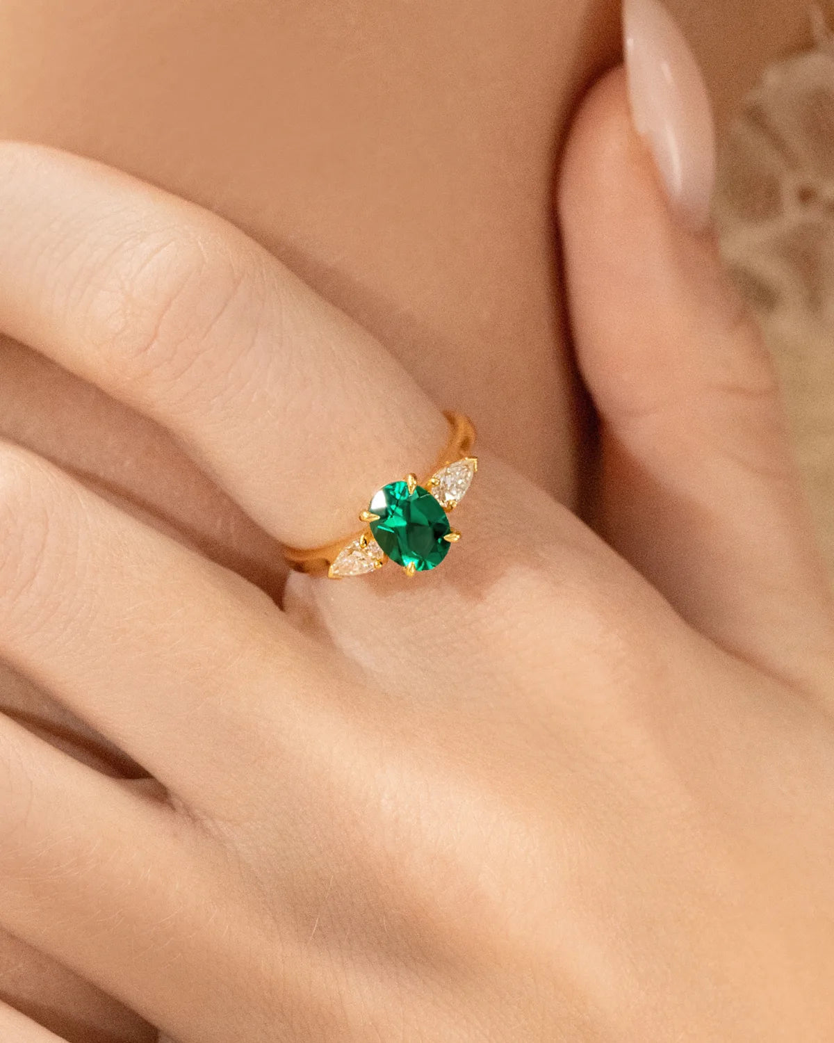 Emerald Oval Cut Three Stone Engagement Ring in 18k Gold Vermeil - SJR London Timepiece