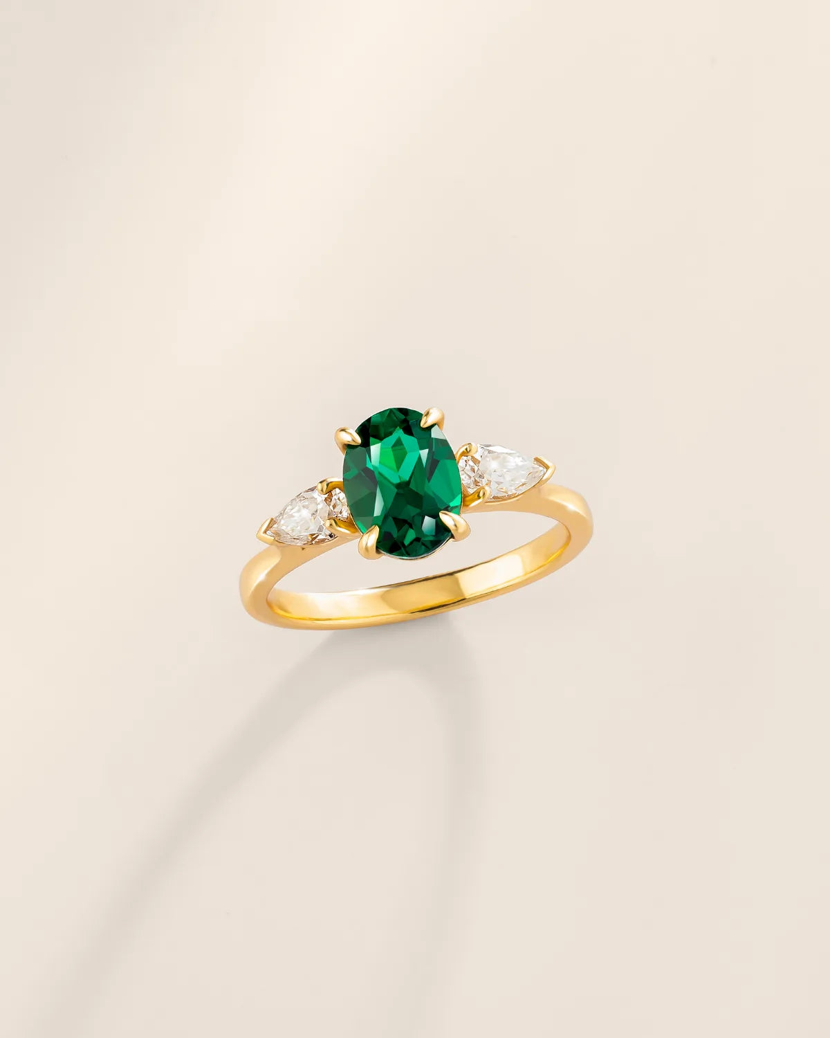 Emerald Oval Cut Three Stone Engagement Ring in 18k Gold Vermeil - SJR London Timepiece