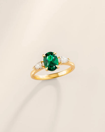 Emerald Oval Cut Three Stone Engagement Ring in 18k Gold Vermeil - SJR London Timepiece