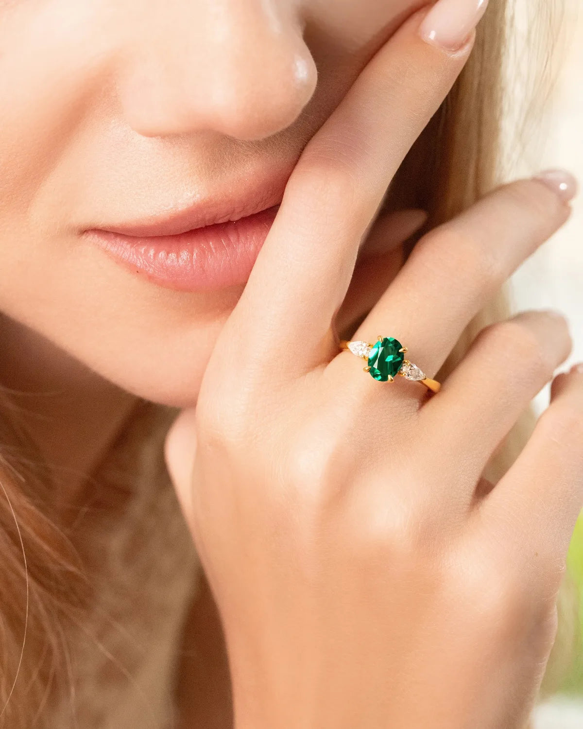 Emerald Oval Cut Three Stone Engagement Ring in 18k Gold Vermeil - SJR London Timepiece