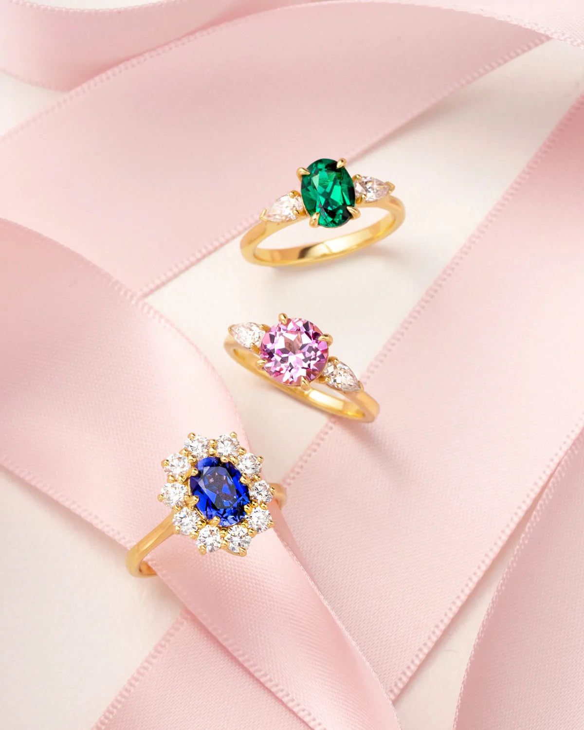 Emerald Oval Cut Three Stone Engagement Ring in 18k Gold Vermeil - SJR London Timepiece