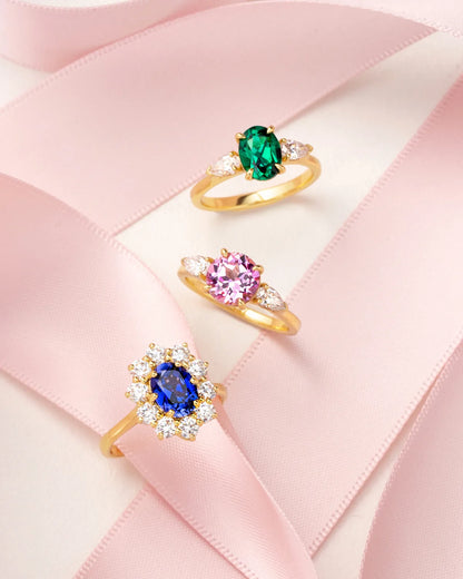 Emerald Oval Cut Three Stone Engagement Ring in 18k Gold Vermeil - SJR London Timepiece