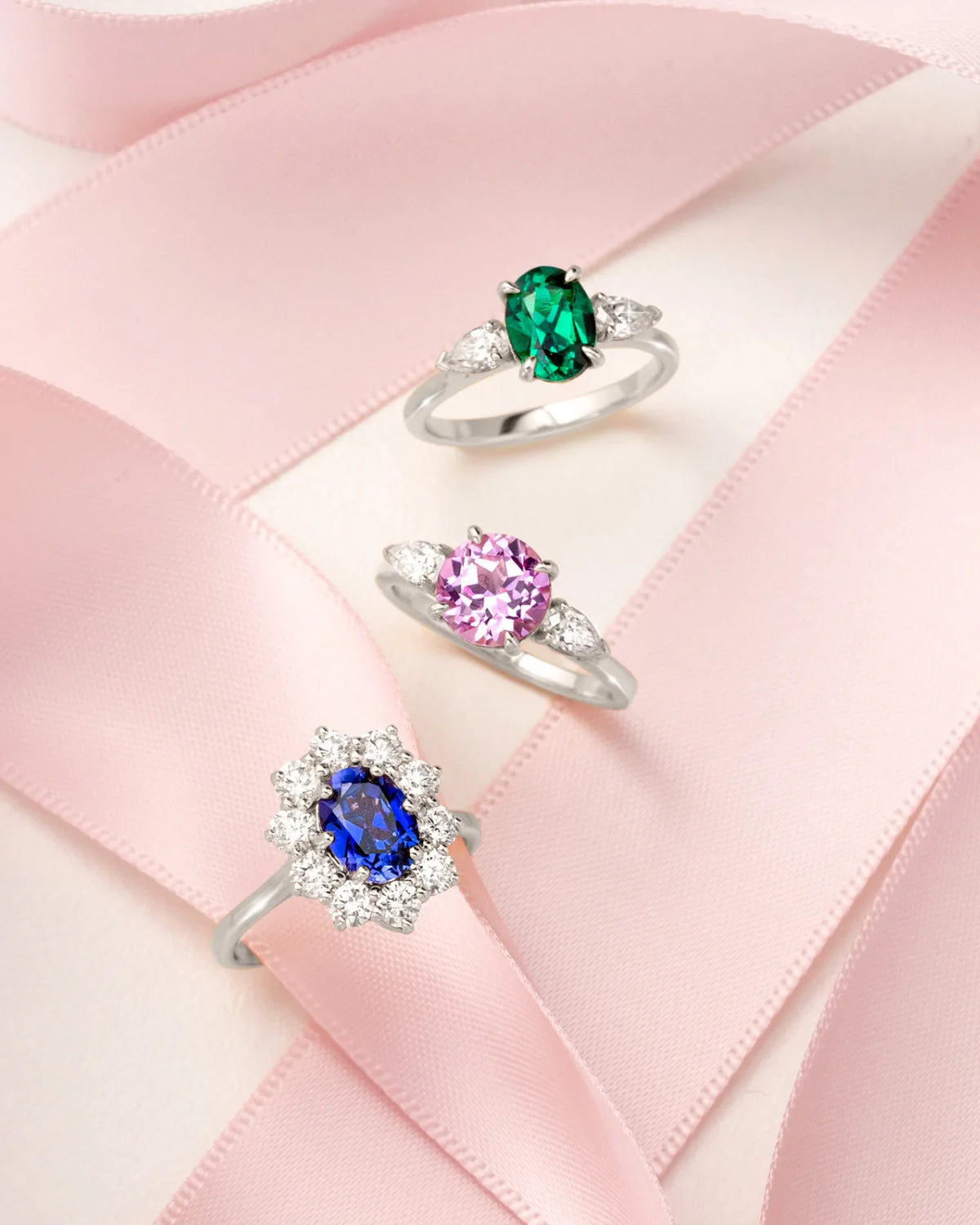 Emerald Oval Cut Three Stone Engagement Ring in Sterling Silver - SJR London Timepiece