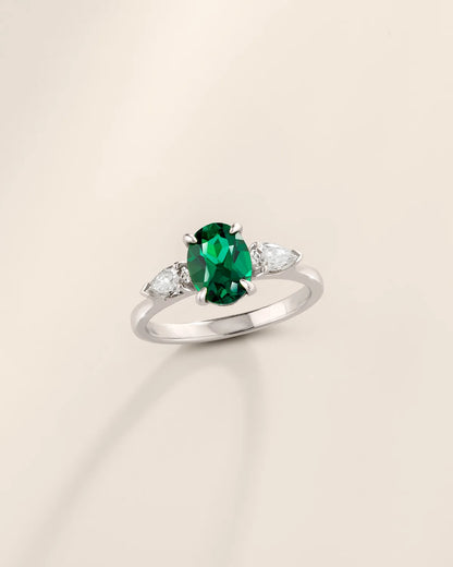 Emerald Oval Cut Three Stone Engagement Ring in Sterling Silver - SJR London Timepiece