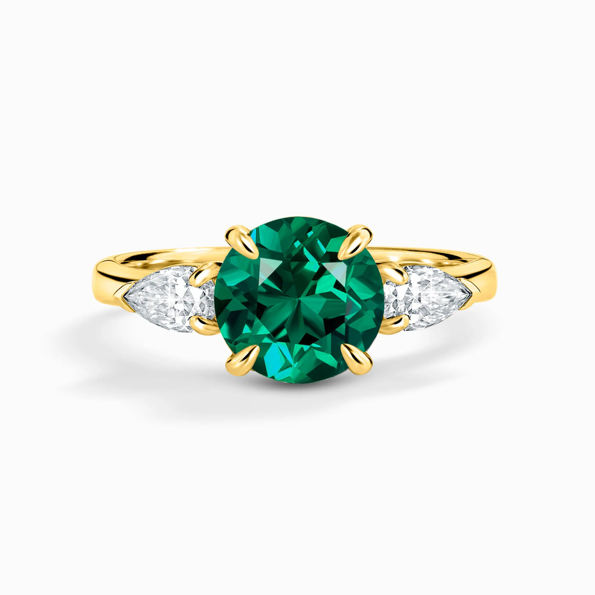 Emerald Round Cut Three Stone Engagement Ring in 18k Gold Vermeil - SJR London Timepiece