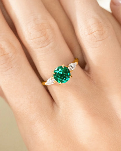 Emerald Round Cut Three Stone Engagement Ring in 18k Gold Vermeil - SJR London Timepiece