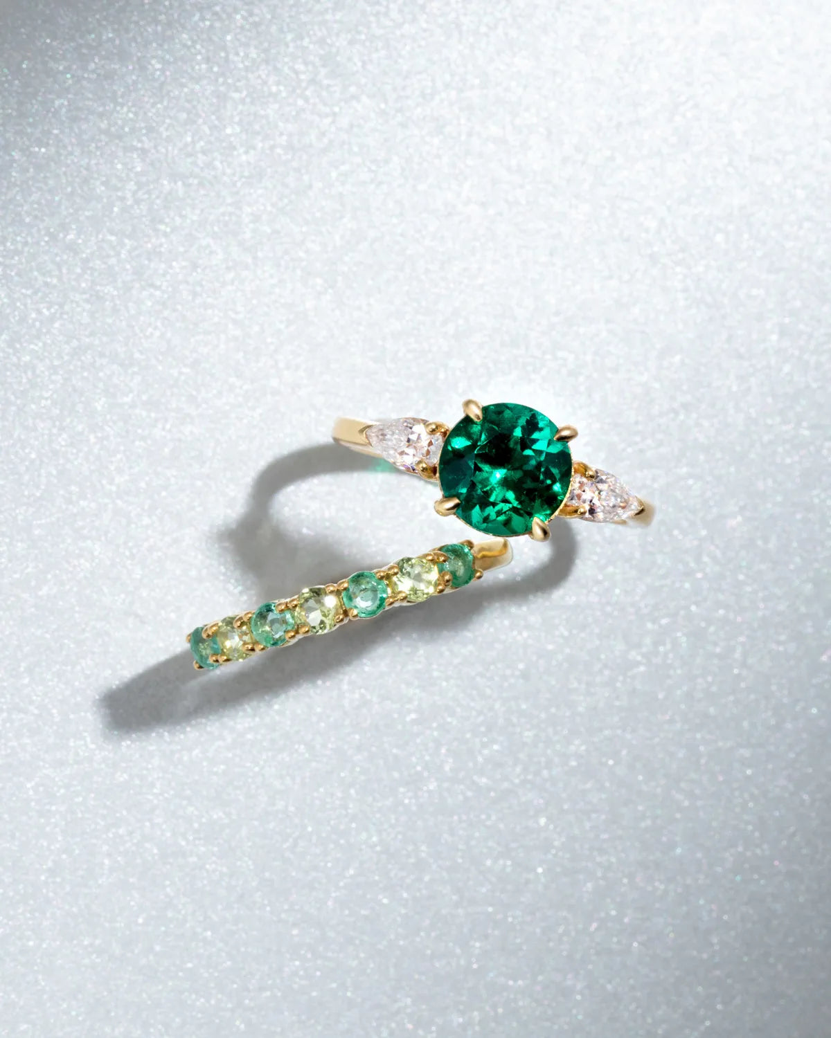 Emerald Round Cut Three Stone Engagement Ring in 18k Gold Vermeil - SJR London Timepiece
