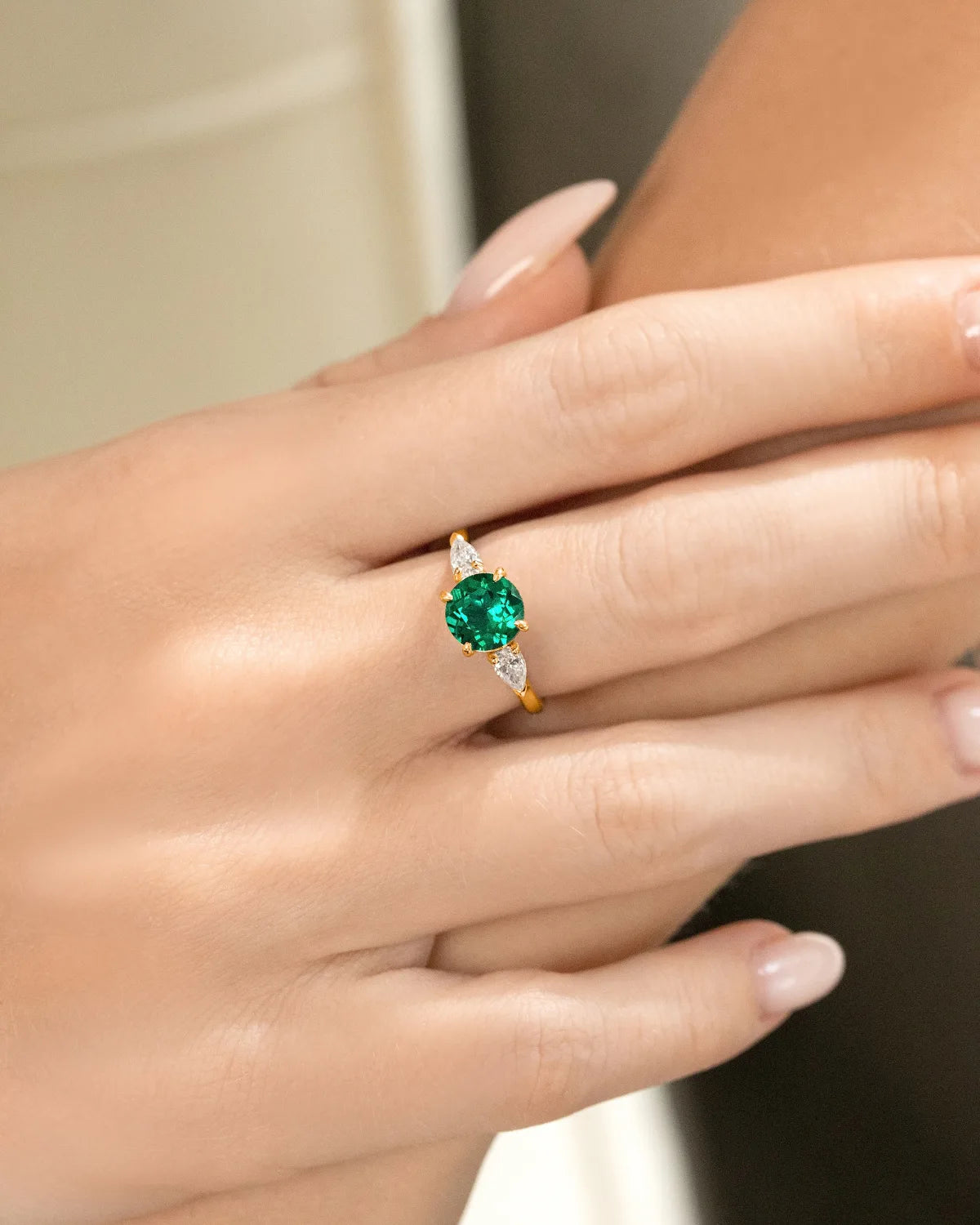 Emerald Round Cut Three Stone Engagement Ring in 18k Gold Vermeil - SJR London Timepiece