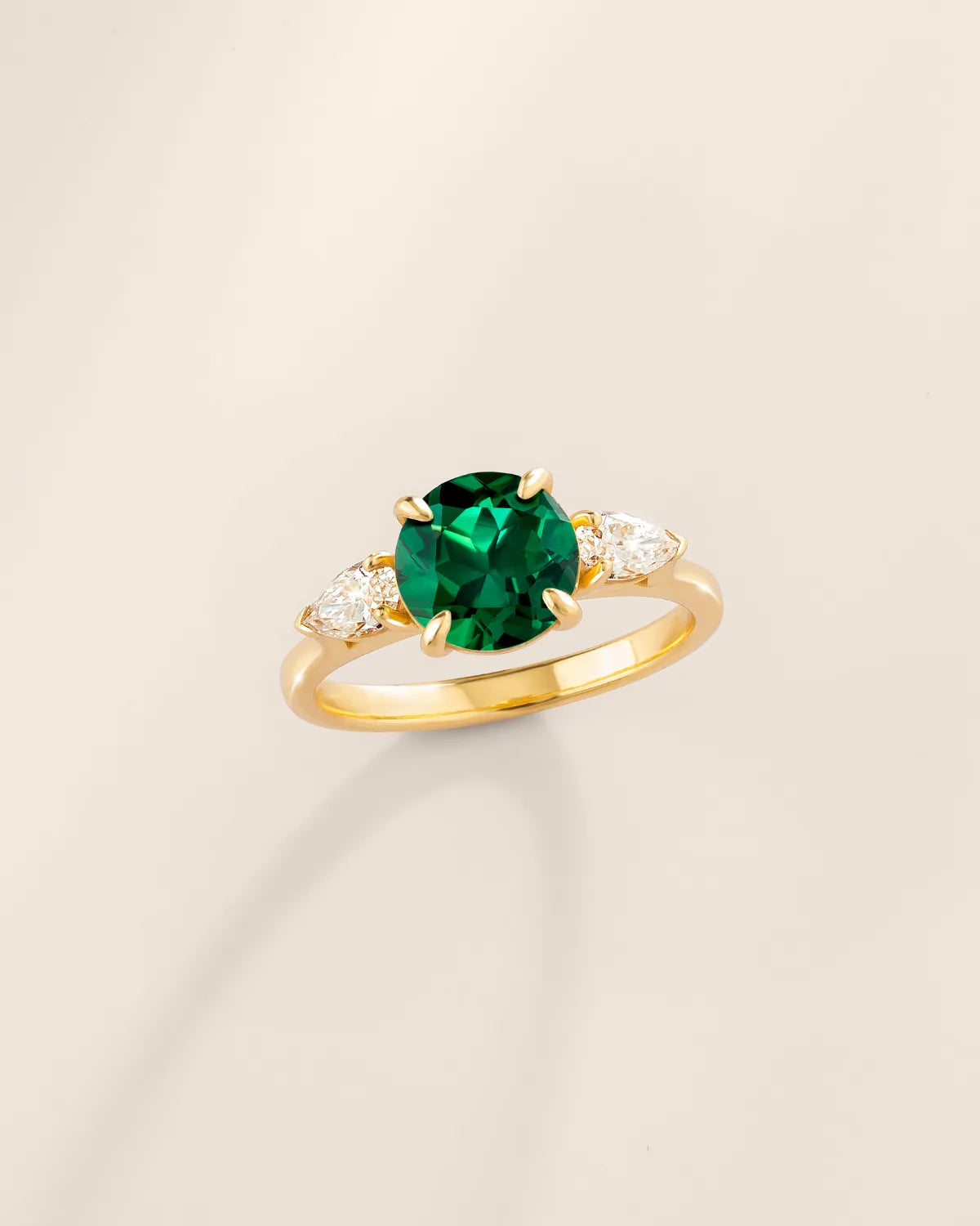 Emerald Round Cut Three Stone Engagement Ring in 18k Gold Vermeil - SJR London Timepiece