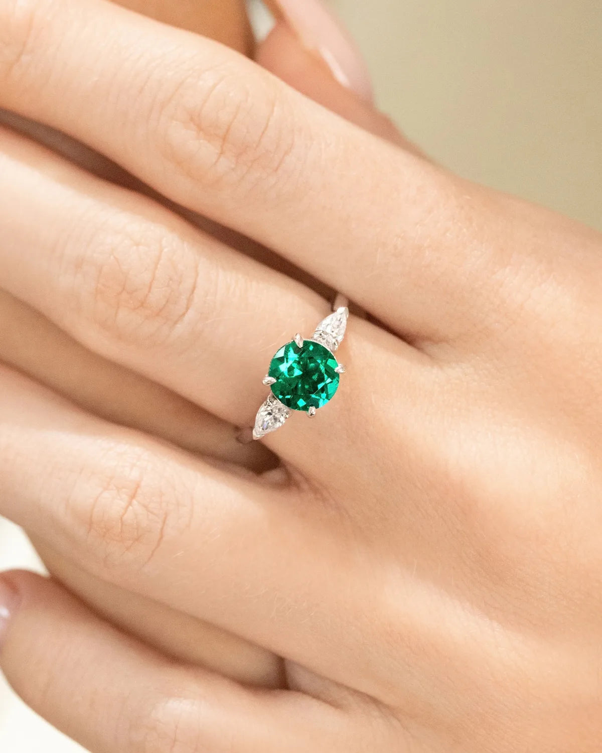 Emerald Round Cut Three Stone Engagement Ring in Sterling Silver - SJR London Timepiece