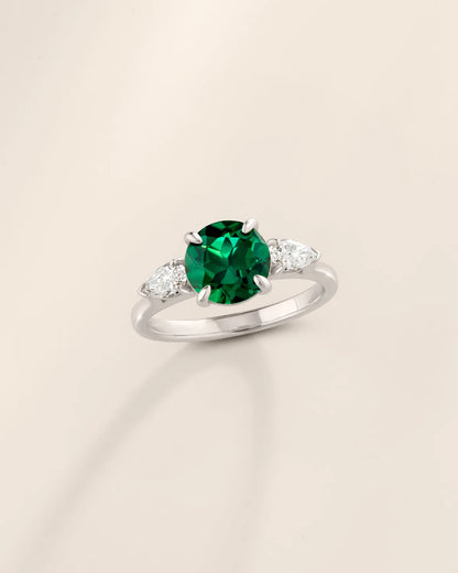 Emerald Round Cut Three Stone Engagement Ring in Sterling Silver - SJR London Timepiece