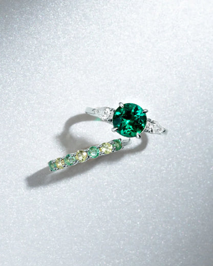 Emerald Round Cut Three Stone Engagement Ring in Sterling Silver - SJR London Timepiece