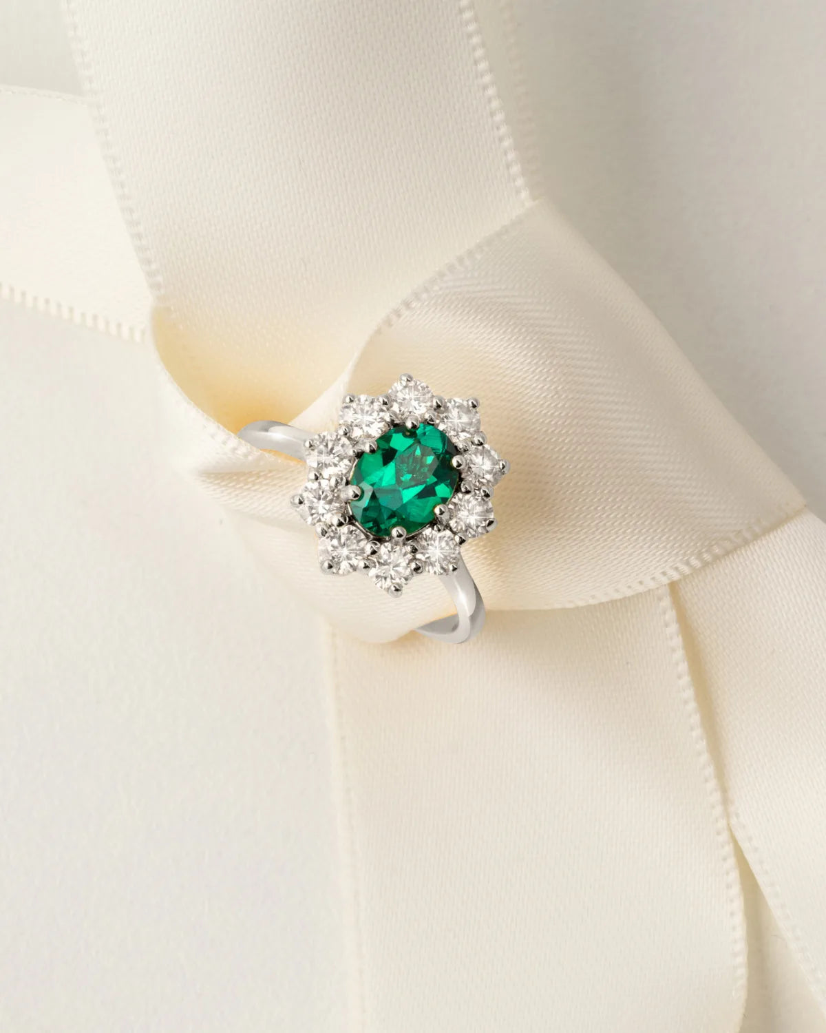 Emerald Halo Engagement Ring in Sterling Silver - SJR London Timepiece