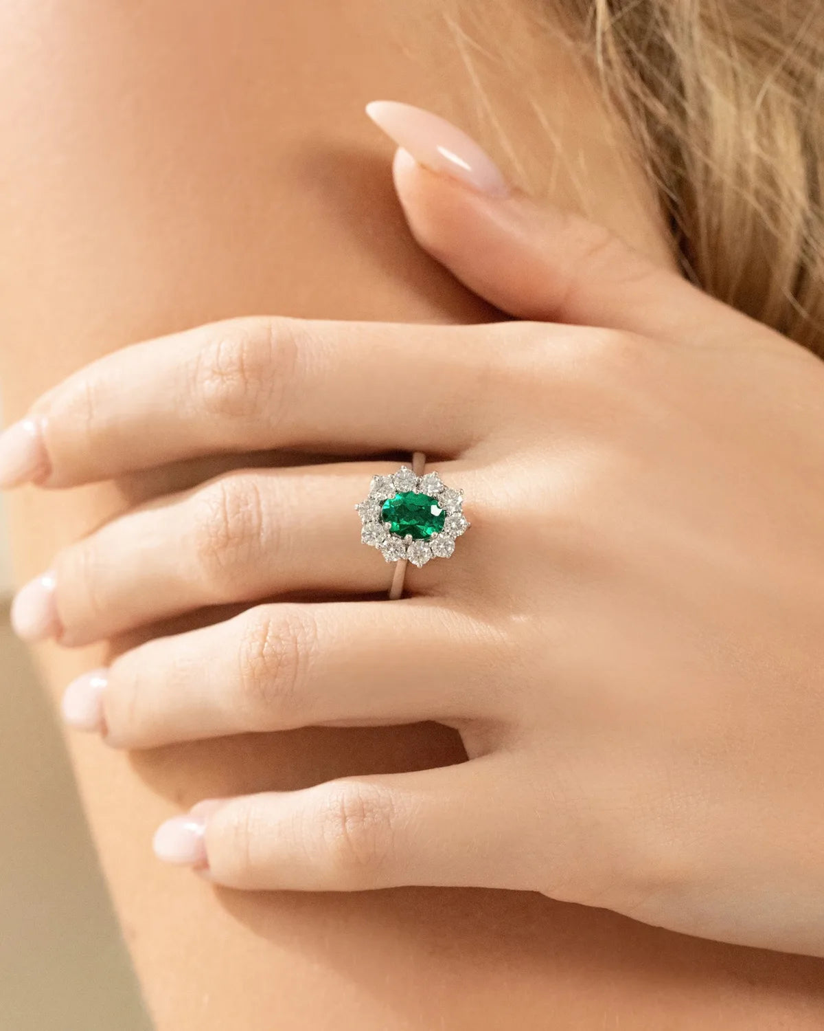 Emerald Halo Engagement Ring in Sterling Silver - SJR London Timepiece