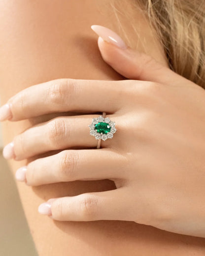 Emerald Halo Engagement Ring in Sterling Silver - SJR London Timepiece