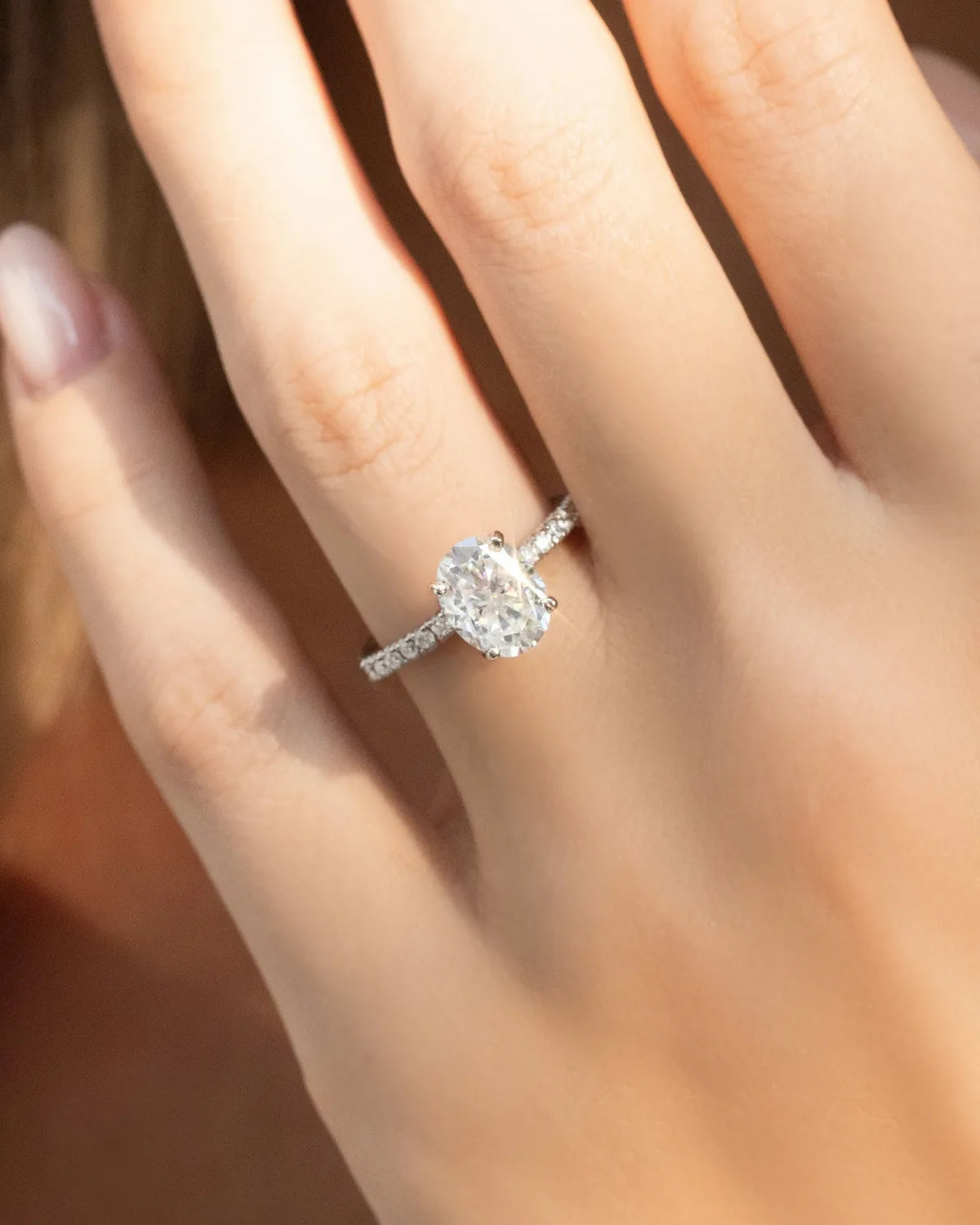 2 ct Oval Solitaire Moissanite Engagement Ring with Pavé Band in Sterling Silver - SJR London Timepiece