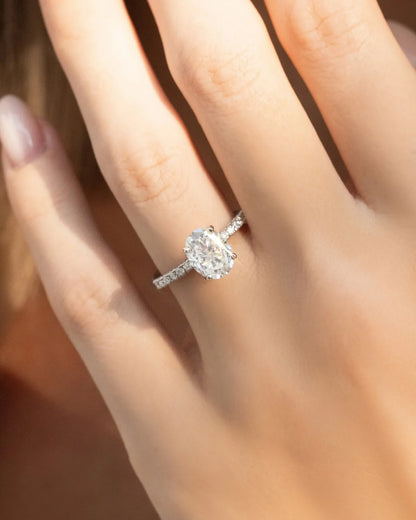 2 ct Oval Solitaire Moissanite Engagement Ring with Pavé Band in Sterling Silver - SJR London Timepiece