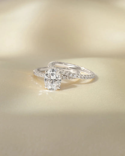 2 ct Oval Solitaire Moissanite Engagement Ring with Pavé Band in Sterling Silver - SJR London Timepiece