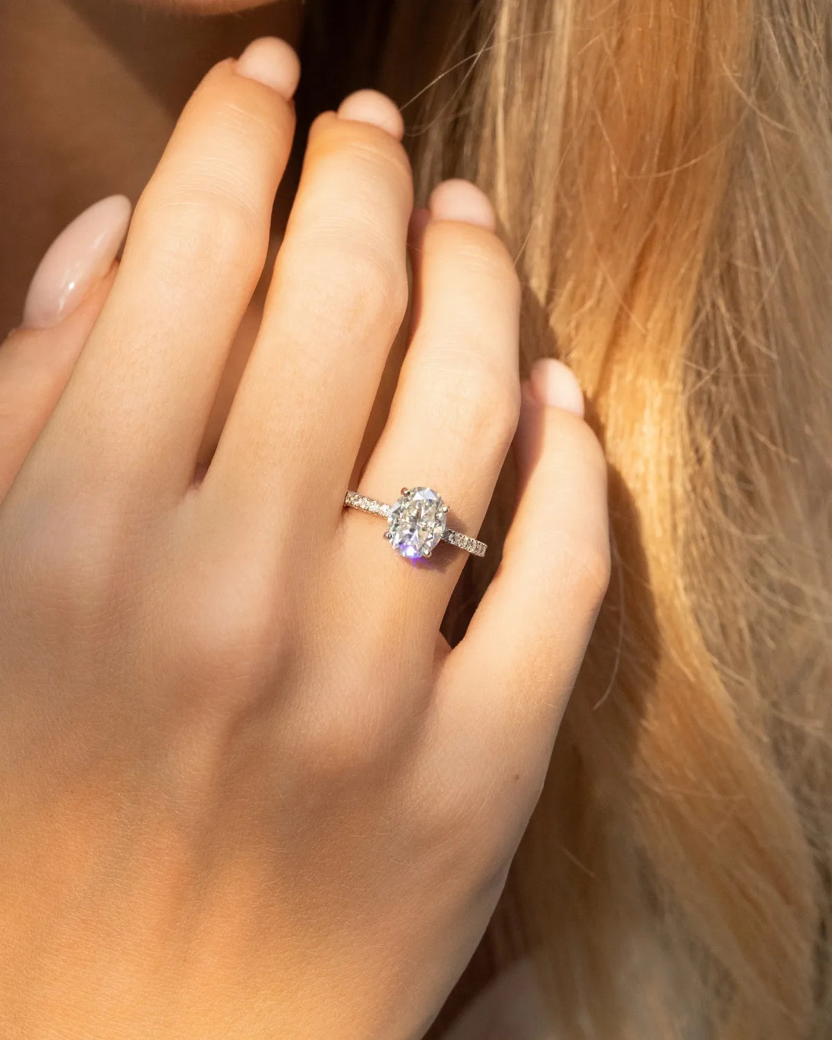 2 ct Oval Solitaire Moissanite Engagement Ring with Pavé Band in Sterling Silver - SJR London Timepiece
