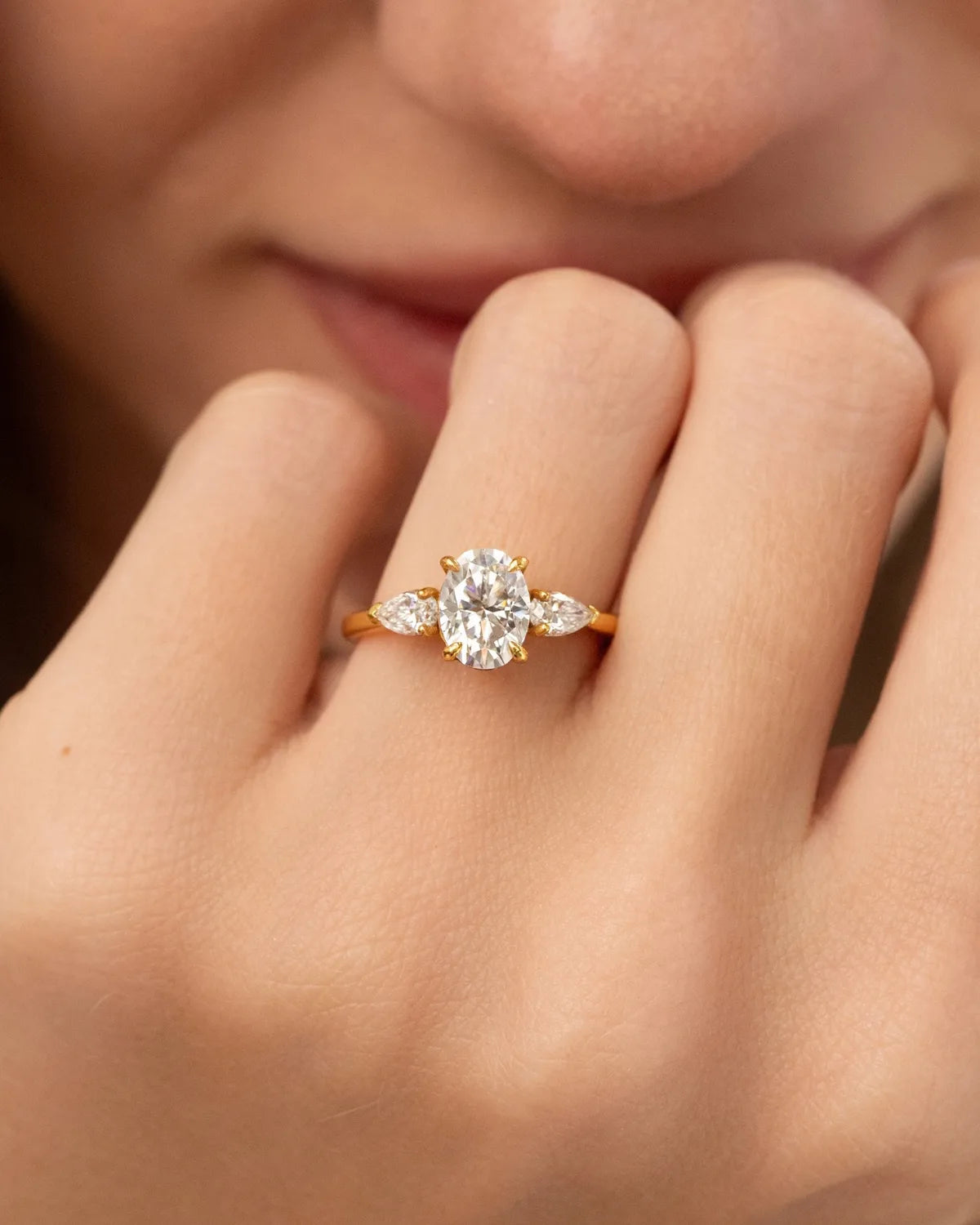 2 ct Oval Moissanite Three Stone Engagement Ring in 18k Gold Vermeil - SJR London Timepiece