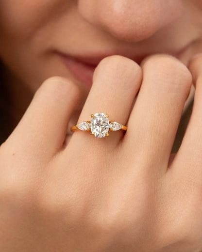 2 ct Oval Moissanite Three Stone Engagement Ring in 18k Gold Vermeil - SJR London Timepiece