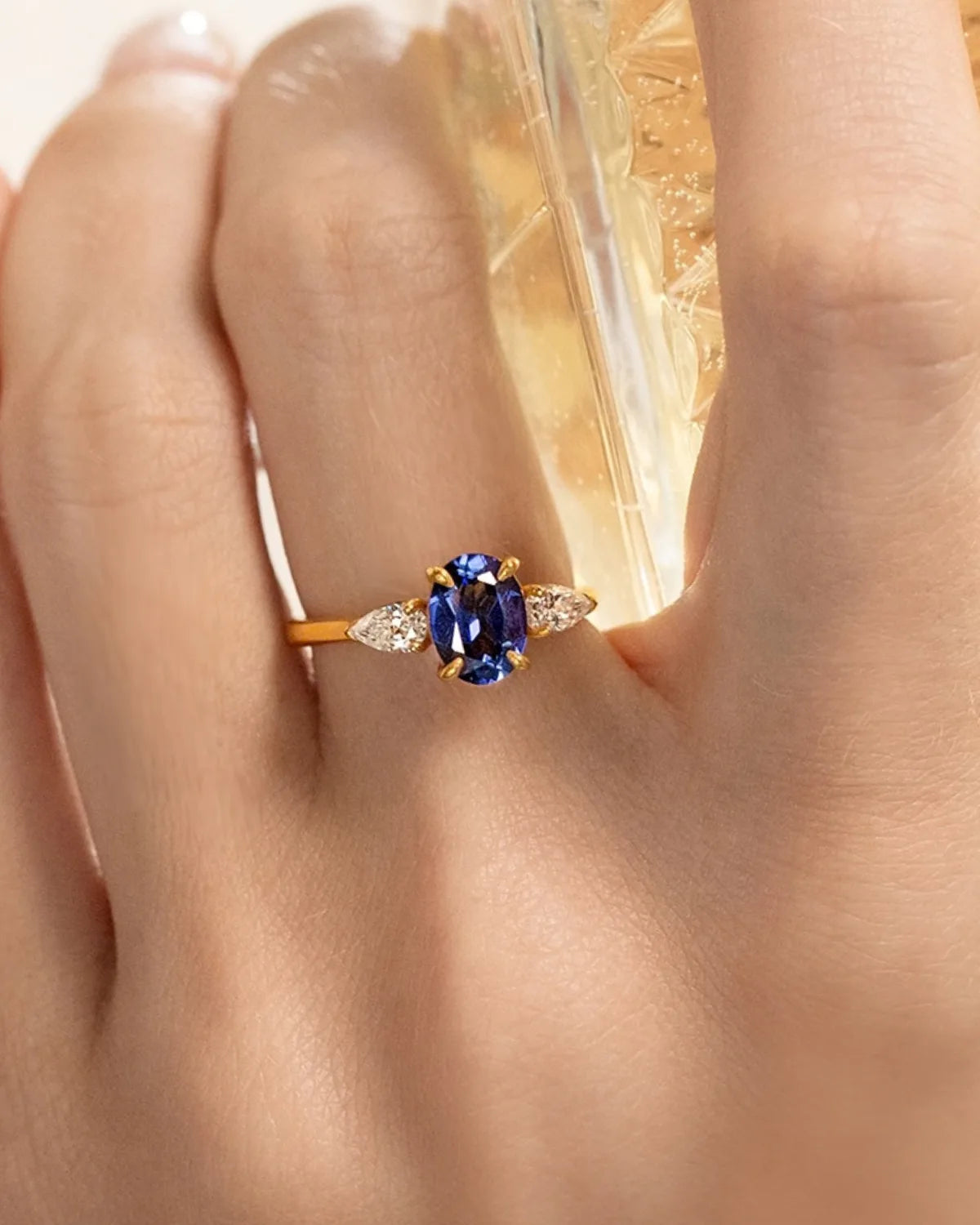 Blue Sapphire Oval Three Stone Engagement Ring in 18k Gold Vermeil - SJR London Timepiece