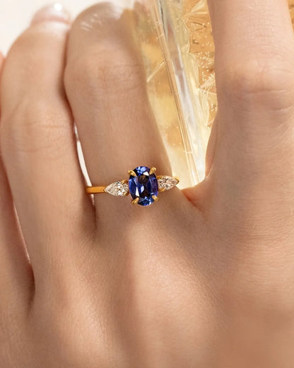 Blue Sapphire Oval Three Stone Engagement Ring in 18k Gold Vermeil - SJR London Timepiece