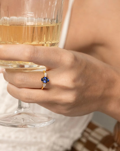 Blue Sapphire Oval Three Stone Engagement Ring in 18k Gold Vermeil - SJR London Timepiece