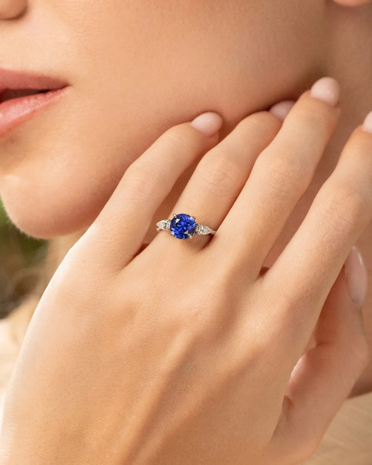 Blue Sapphire Round Cut Three Stone Engagement Ring in Sterling Silver - SJR London Timepiece