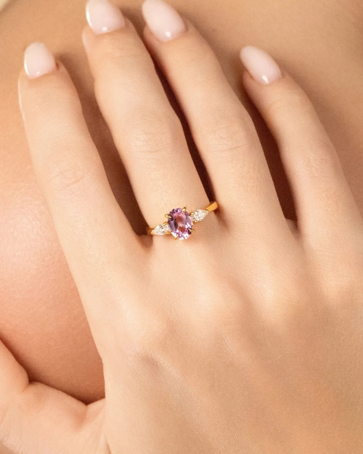 Pink Sapphire Oval Cut Three Stone Engagement Ring in 18k Gold Vermeil - SJR London Timepiece