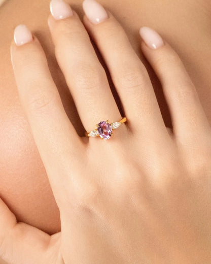 Pink Sapphire Oval Cut Three Stone Engagement Ring in 18k Gold Vermeil - SJR London Timepiece