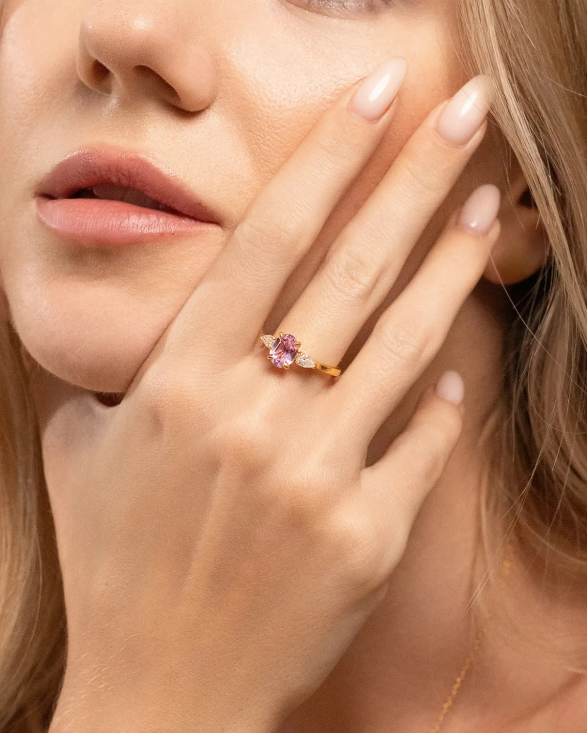 Pink Sapphire Oval Cut Three Stone Engagement Ring in 18k Gold Vermeil - SJR London Timepiece
