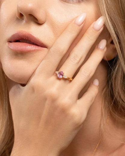 Pink Sapphire Oval Cut Three Stone Engagement Ring in 18k Gold Vermeil - SJR London Timepiece