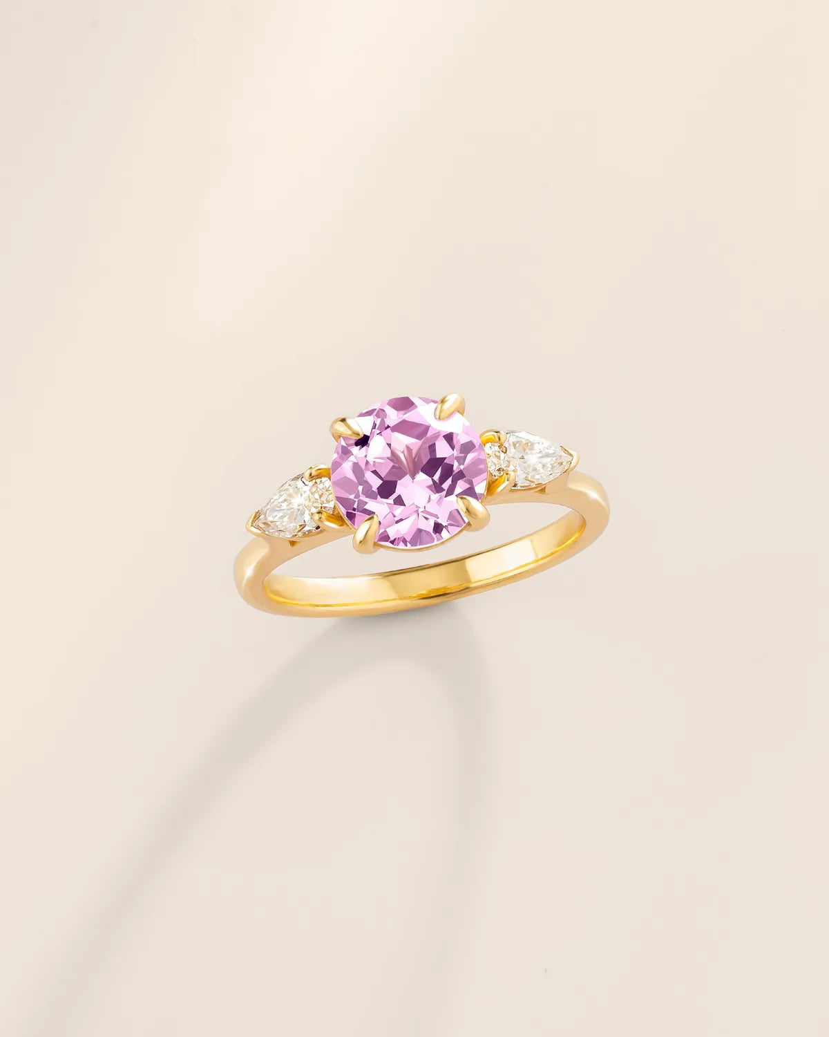 Pink Sapphire Round Cut Three Stone Engagement Ring in 18k Gold Vermeil - SJR London Timepiece