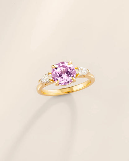 Pink Sapphire Round Cut Three Stone Engagement Ring in 18k Gold Vermeil - SJR London Timepiece