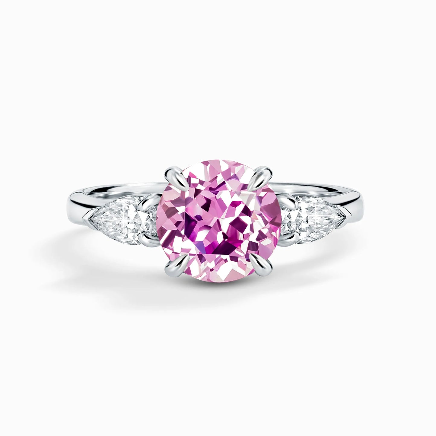 Pink Sapphire Round Cut Three Stone Engagement Ring in Sterling Silver - SJR London Timepiece