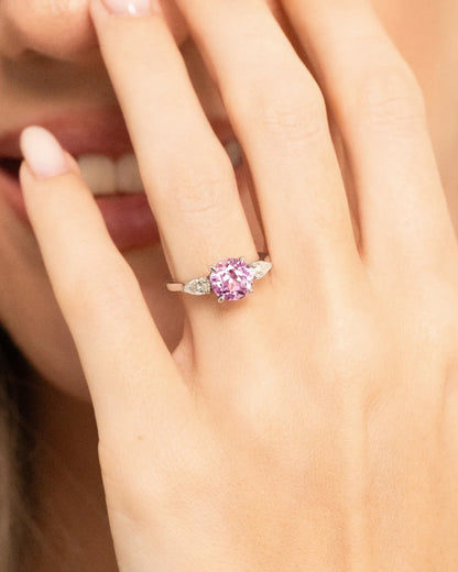 Pink Sapphire Round Cut Three Stone Engagement Ring in Sterling Silver - SJR London Timepiece