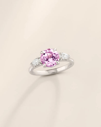 Pink Sapphire Round Cut Three Stone Engagement Ring in Sterling Silver - SJR London Timepiece