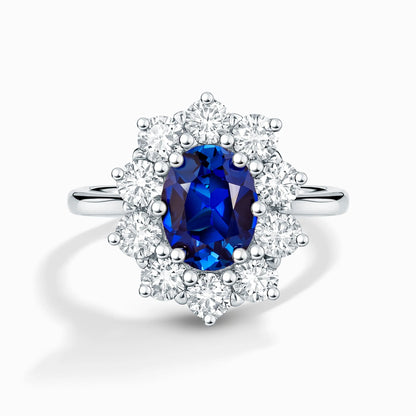 Blue Sapphire Halo Engagement Ring in Sterling Silver - SJR London Timepiece
