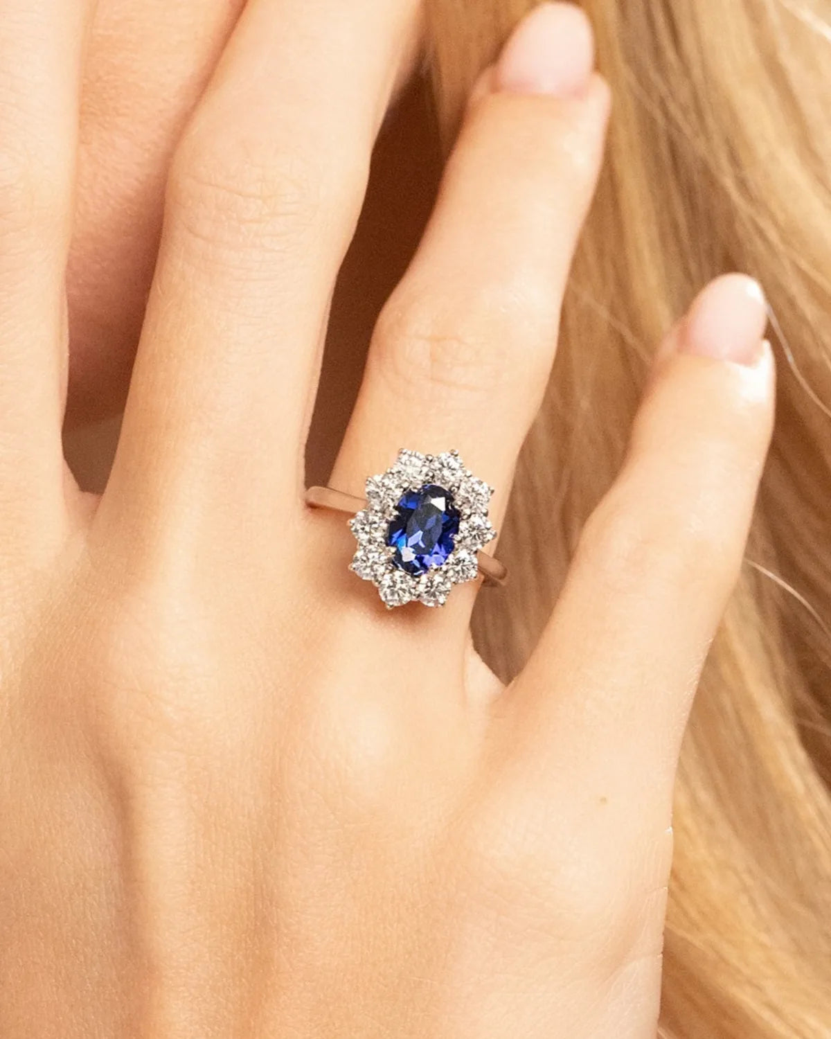 Blue Sapphire Halo Engagement Ring in Sterling Silver - SJR London Timepiece