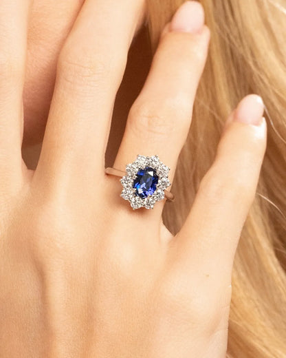 Blue Sapphire Halo Engagement Ring in Sterling Silver - SJR London Timepiece