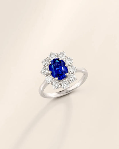 Blue Sapphire Halo Engagement Ring in Sterling Silver - SJR London Timepiece