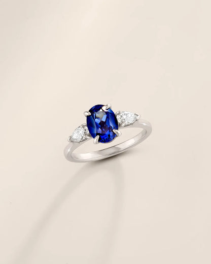 Blue Sapphire Oval Cut Three Stone Engagement Ring in Sterling Silver - SJR London Timepiece