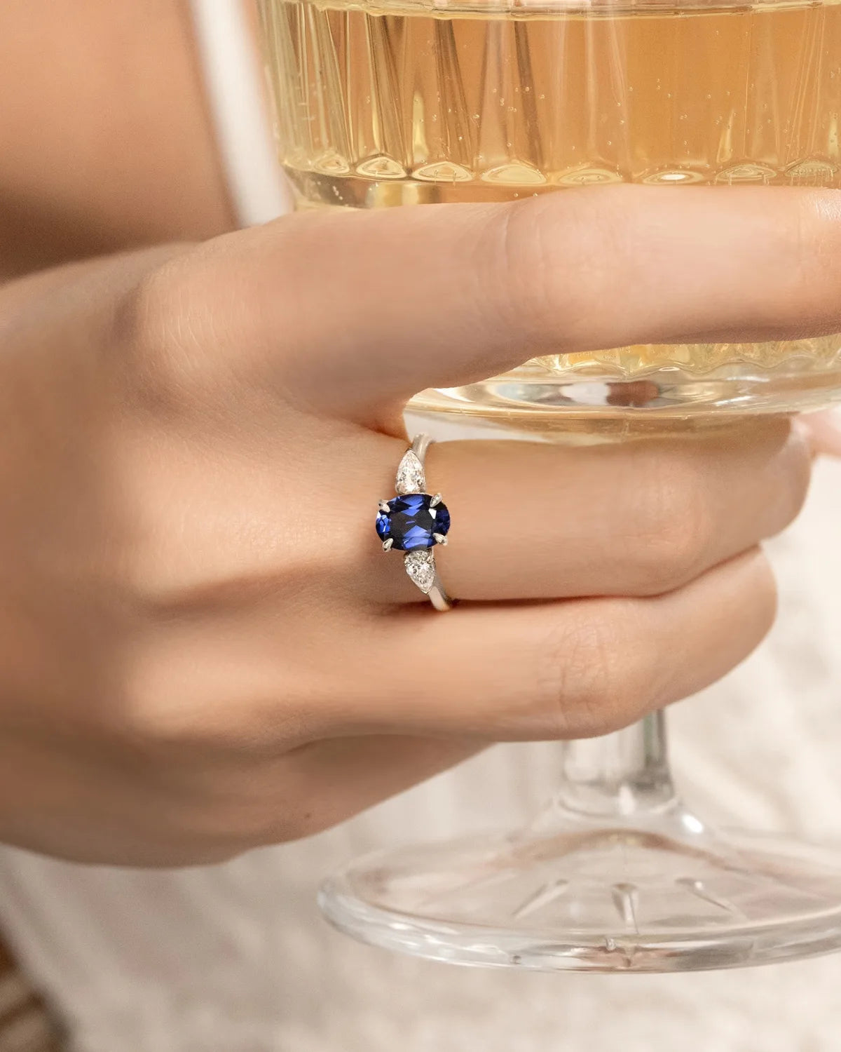 Blue Sapphire Oval Cut Three Stone Engagement Ring in Sterling Silver - SJR London Timepiece